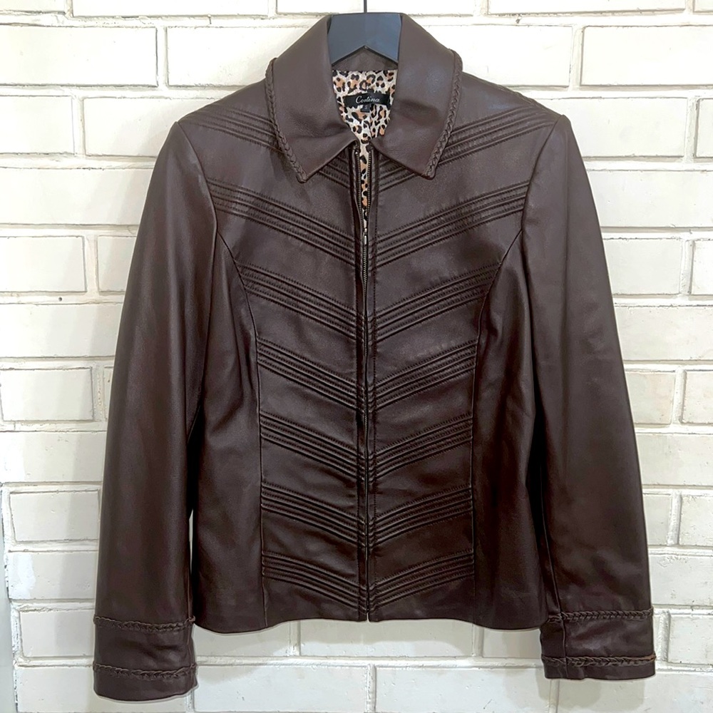 Cortina Brown Leather Zippered Jacket Animal Print Lining Chevron Design Small